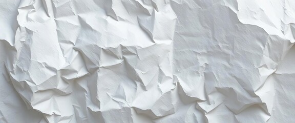 Close-up of crumpled white paper texture, showing creases and shadows, crumpled paper background, bright