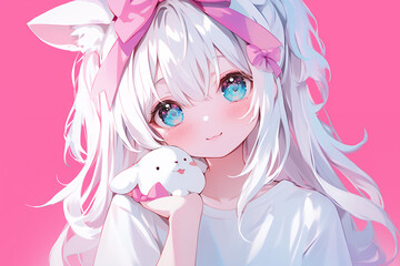 anime girl hugging dog illustration