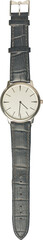 old used analog wristwatch isolated white background, silver toned metal case and textured black leather strap, top view