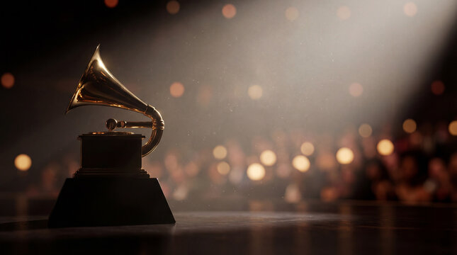 Golden trophy under stage spotlight. Grammy trophy on podium for Grammy Awards Ceremony promo, music awards show night, trophy glow with bokeh crowd, copy space, gala theme, luxury concept