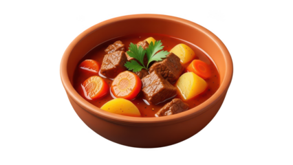 Hearty beef stew with tender meat, carrots, and potatoes in a vibrant tomato broth