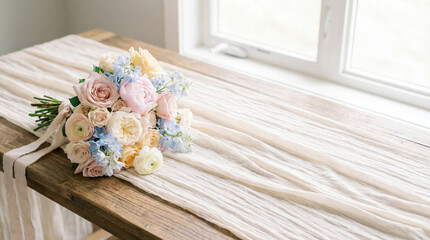 Soft bridal bouquet on rustic table. Bouquet in pastel roses near window light, bouquet styling for wedding invitation, anniversary greeting, spring romance, copy space, airy interior