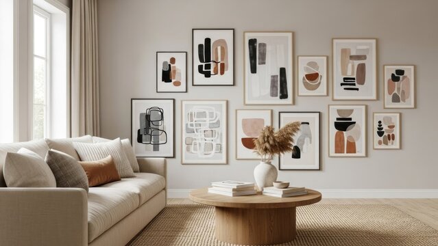 A modern, minimalist living room with a beige sofa, wooden coffee table, and abstract art on the wall.