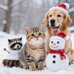 Golden retriever, cat, and raccoon wearing Santa hats with snowman toy in winter snow scene, festive holiday pets portrait