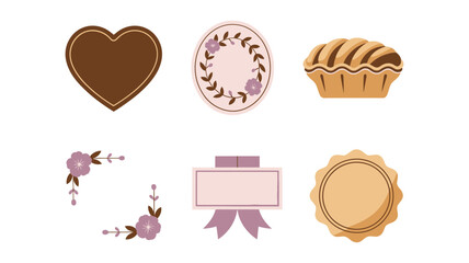 Valentines day bakery icons, chocolate heart badge, floral cookie label, ribbon award seal, romantic gift packaging, dessert festival vector