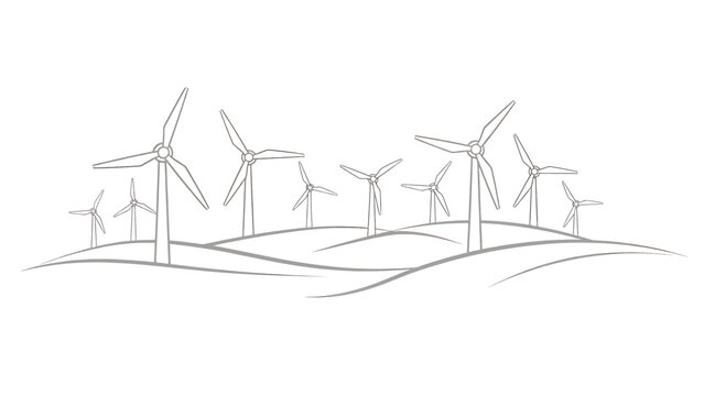 Wind turbines drawn in simple lines, powering the landscape