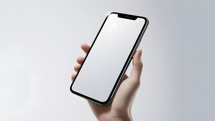  A modern smart phone in girl hand with blank screen mockup,