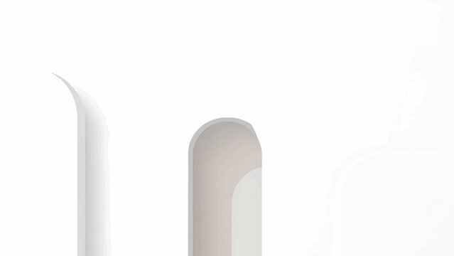 Three geometric shapes, a tapered white form on the left, an archway shape in the center, and an obscured white shape on the right