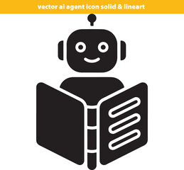 Black robot character reading a book with a happy face on white background
