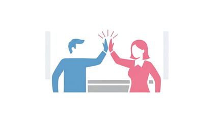 Stylized illustration of a man and woman giving each other a high-five, showcasing teamwork, success, and celebration within a minimalist design