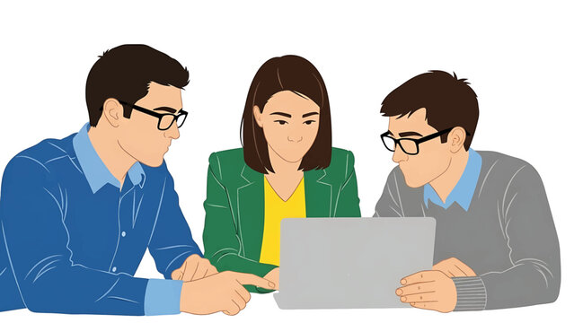 Three people, two men and a woman, are gathered around a laptop. They are wearing casual clothing and glasses, appearing to discuss a project