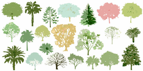 A collection of colorful stylized tree illustrations on a white background
