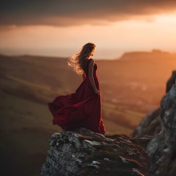 Cinematic Sunrise Scene of a Woman Wearing a Red Dress on a Dramatic Cliff Edge
