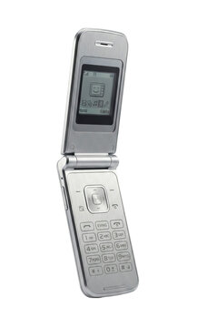 Silver flip phone with pixel art screen. Retro mobile technology.