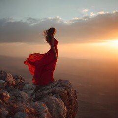Woman in a Flowing Red Dress Standing on a Cliff at Sunrise with Wind in Her Hair, woman in red dress on the beach