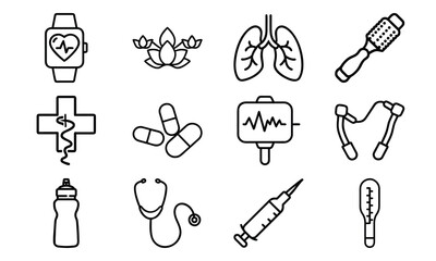 Versatile Lifestyle Icon Set Featuring Fitness Dumbbells, Blood Pressure Monitor, Calendar, Kitchen Utensils, Electric Kettle, First Aid Kit, and Decorative Tableware Collage