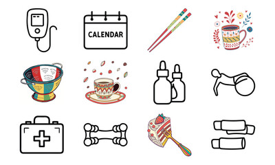 Versatile Lifestyle Icon Set Featuring Fitness Dumbbells, Blood Pressure Monitor, Calendar, Kitchen Utensils, Electric Kettle, First Aid Kit, and Decorative Tableware Collage