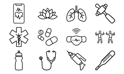 Versatile Lifestyle Icon Set Featuring Fitness Dumbbells, Blood Pressure Monitor, Calendar, Kitchen Utensils, Electric Kettle, First Aid Kit, and Decorative Tableware Collage