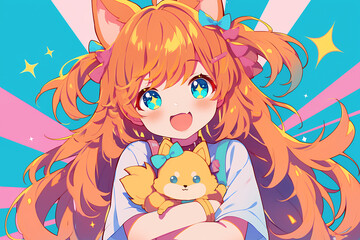 anime girl hugging dog illustration