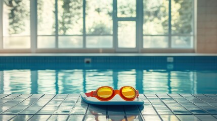 Orange Swim Goggles and Kickboard on Pool Deck - Summer Recreation and Swimming Essentials.
