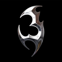 3D chrome letter J with sharp tribal forms and cybersigilism Y2K aesthetic