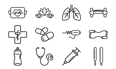 Versatile Lifestyle Icon Set Featuring Fitness Dumbbells, Blood Pressure Monitor, Calendar, Kitchen Utensils, Electric Kettle, First Aid Kit, and Decorative Tableware Collage