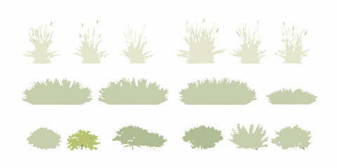 A collection of various green plant silhouettes grasses shrubs and small trees