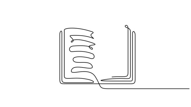 Animated continuous self drawing single one line drawing of an open book, minimalist vector animation for education learning concept