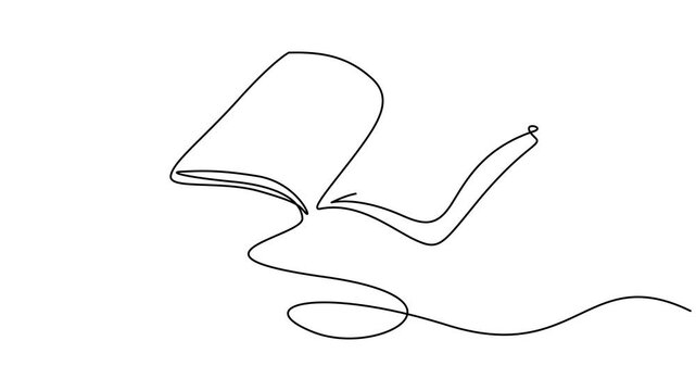 Animated continuous self drawing single one line drawing of an open book, minimalist vector animation for education learning concept