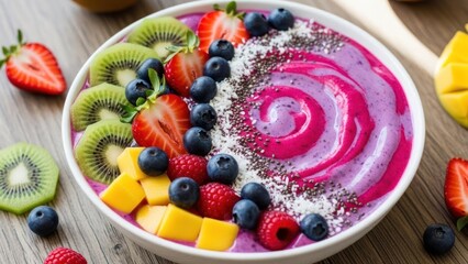 A vibrant bowl of colorful fruit smoothie with dragon fruit, kiwi, strawberries, blueberries, and mango, garnished with coconut flakes and chia seeds.