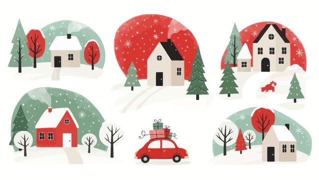 Winter village scene with cozy houses