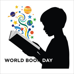 Silhouette of a boy reading a book with cosmic elements emerging Keywords: world book day