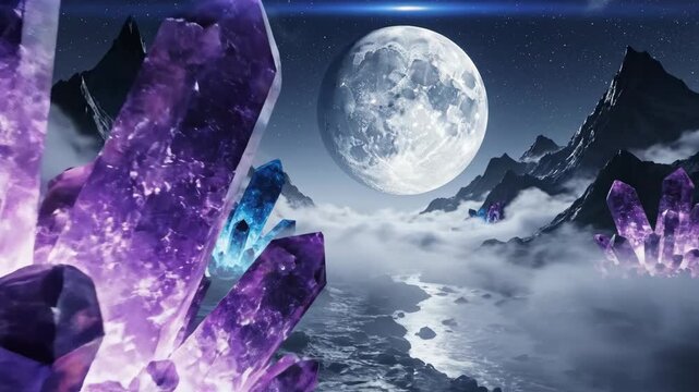 Amethyst Crystals Fantasy Landscape - A surreal landscape featuring large purple amethyst crystals in the foreground, set against a backdrop of mountains, fog, and a bright full moon.