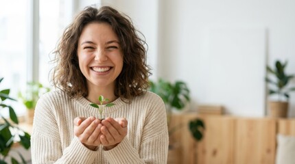 Celebrating growth and happiness woman nurturing a plant indoors lifestyle imagery natural light positive energy
