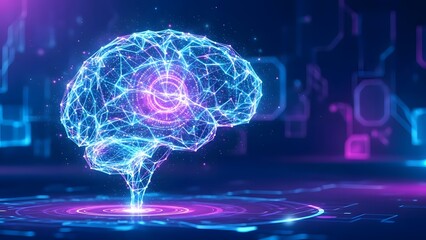 A glowing, futuristic wireframe human brain rendered in blue and purple hues, symbolizing artificial intelligence, data processing, and advanced technology.