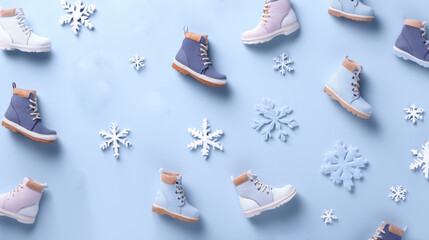 An organized flat lay composition featuring colorful winter boots and snowflakes on a blue backdrop. Perfect for shoe store advertisements, winter fashion blogs, and seasonal promotions