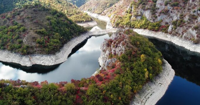 Aerial view of Uvac River canyon with steep limestone cliffs