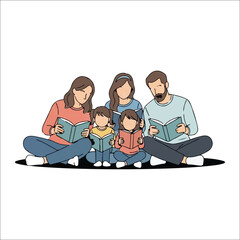 Family reading books together on a white background Keywords: family, reading, books, children