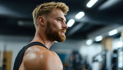 Handsome, muscular man with a beard looking to the side in a gym. appears sweaty, suggesting a workout. Focus is on his profile, Fitness, health, and lifestyle concept.