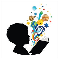 Silhouette of child reading a book with planets and stars emerging imagination