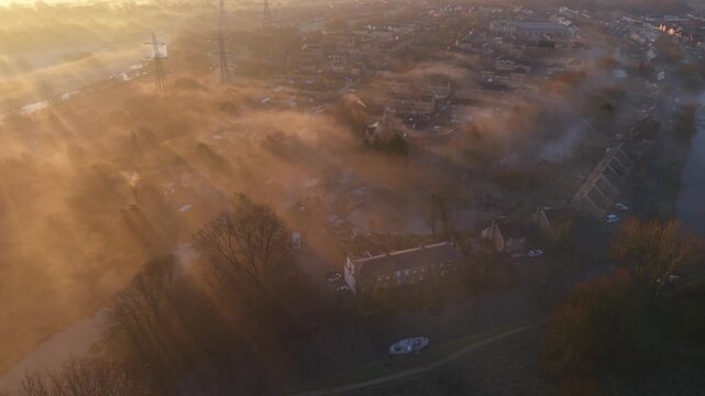 Misty Winter Sunrise Over Government Row, Enfield Aerial Drone View