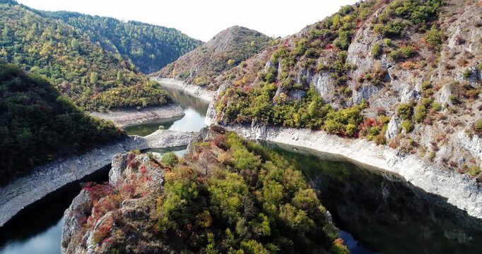Aerial view of Uvac River meander winding through canyon