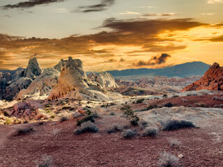 Valley of fire park landscape in Nevada state of America during nice winter day displaying open red rock formations during sunset