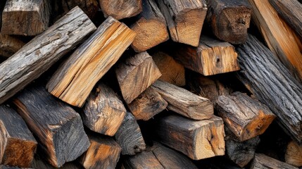 Fototapeta premium Stacked and Seasoned Firewood Logs, Rustic Outdoor Scene, Natural Woodpile for Heating and Winter Warmth, Rural Lifestyle.