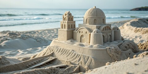 Sand sculpture of Mediterranean-style church on beach, creative seaside tribute to religious architecture, coastal art concept, travel inspiration, handmade cathedral replica at sunrise