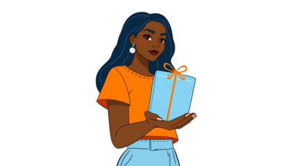 Minimalist Illustration of Black Woman Offering Gift Box isolated on transparent background