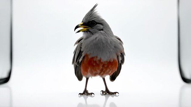 Standing Grey Bird with Red Chest - This is a studio shot of a grey bird with a red chest. The bird is standing against a white background, and its grey plumage is complemented by its bright orange