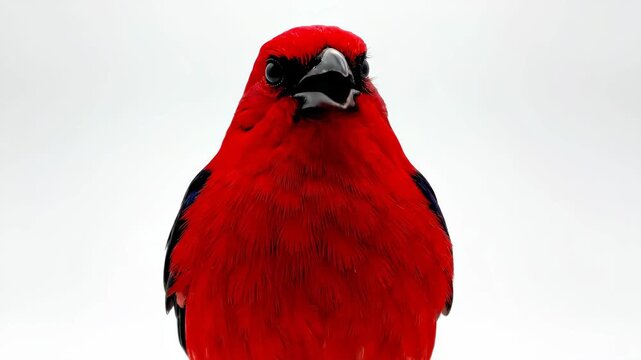 Bright Red Scarlet Tanager Close Up - A close-up shot of a male Scarlet Tanager against a white background, showcasing its vibrant red plumage and black accents around the eyes and wings.