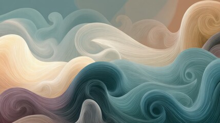 Abstract wavy flowing background featuring elegant swirling lines in a topographic map style with a muted color palette of teal, beige, and copper, perfect for modern digital art and luxury design