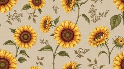 A pattern of sunflowers on a beige background with green leaves and stems.